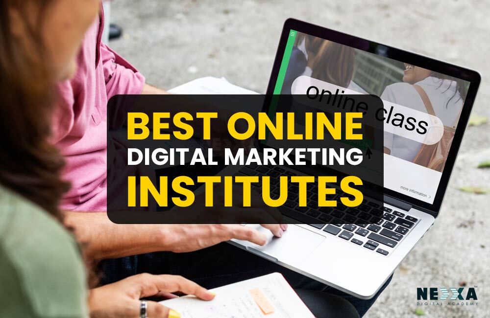  A student is researching the best online digital marketing training institute on a laptop.