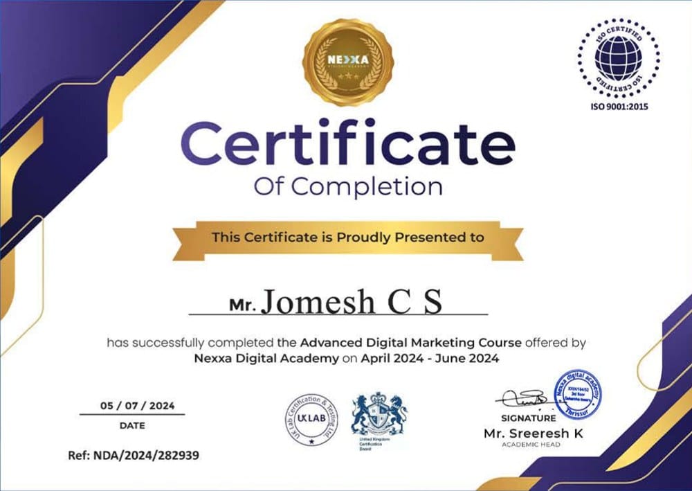 Nexxa Digital Academy UK ISO certified course certificate